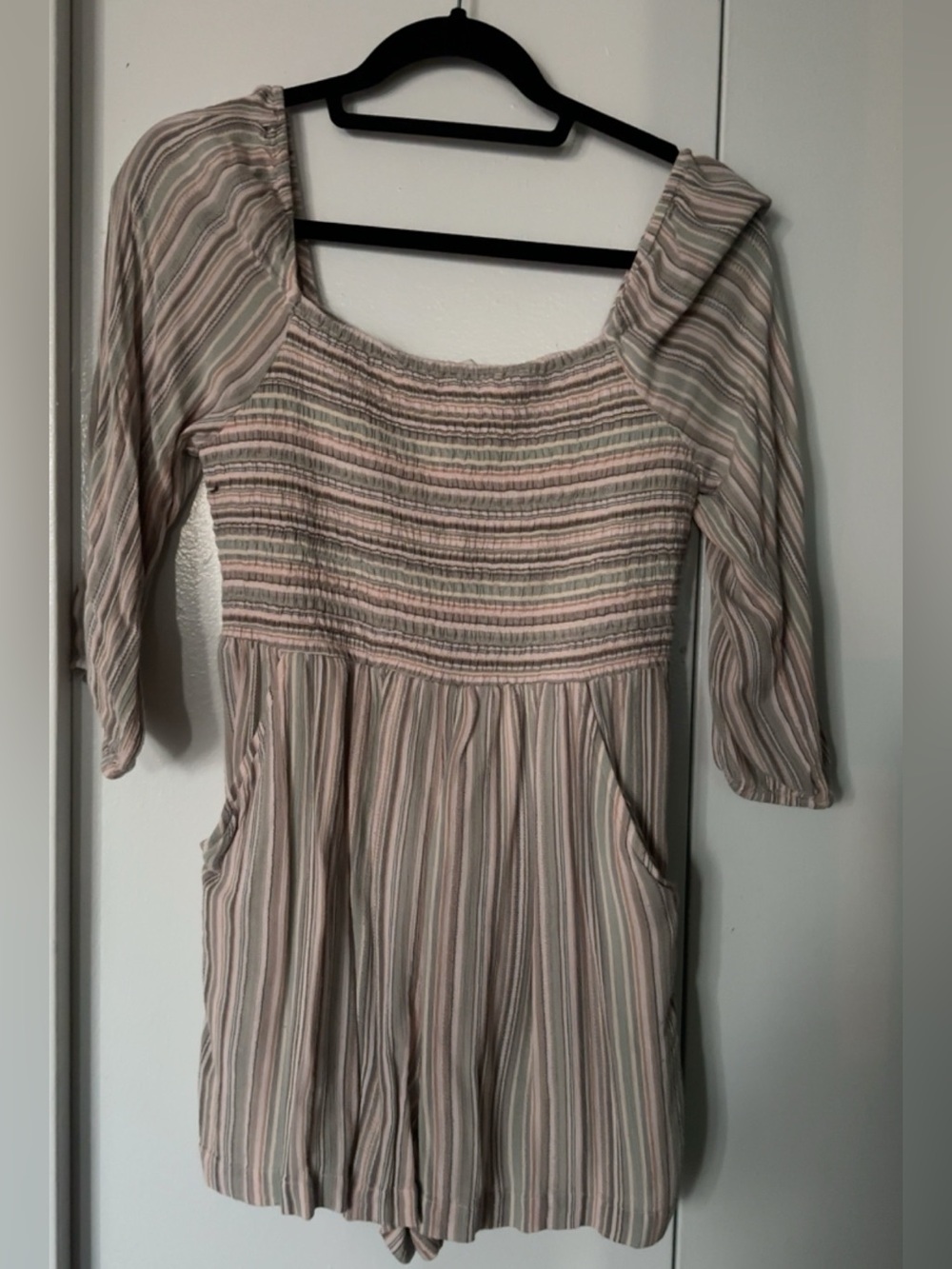 American Eagle Outfitters Striped Smocked Romper in Light Pink and Beige